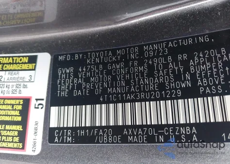 2024 Toyota Camry Le из США, поврежденный, VIN 4T1C11AK3RU201229